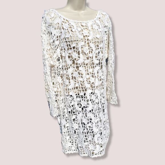 Express Handmade Essentials Off White Cream Crochet Lace Open Knit Tunic Dress - Picture 2 of 7